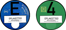 Blå E-Plakette och grön miljödekal